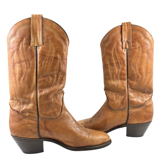 Vintage Frye Cowboy Boots Men's 9D Tan Leather Western Flame Stitch USA Made - Picture 10 of 16